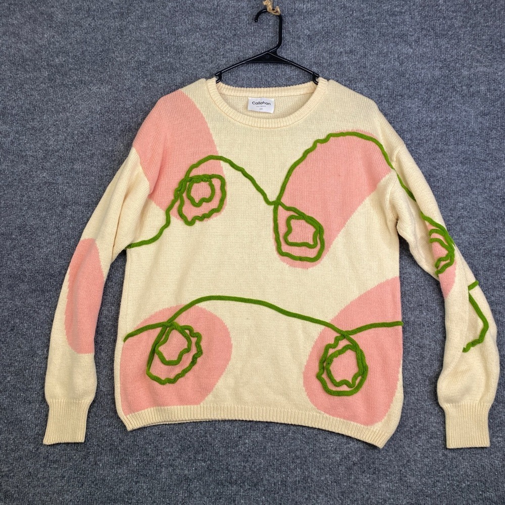 Callahan Knitwear Womens XS Pink Cream Green Abstract Squiggle Crewneck Sweater